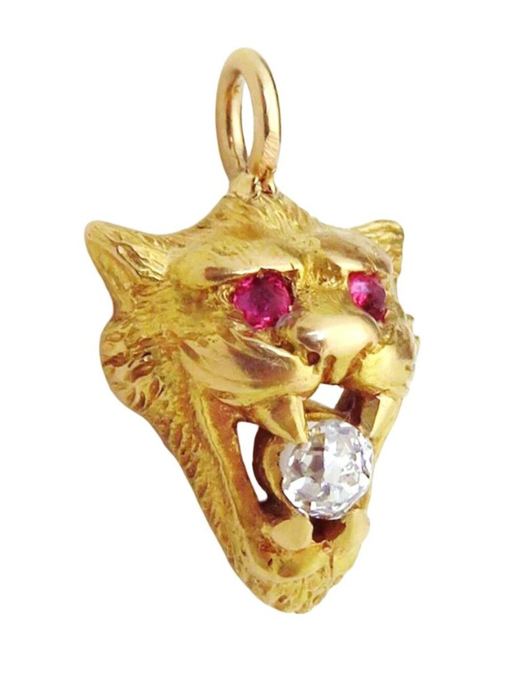 Antique Victorian 14K Gold Panther Lion Charm/Pendant Old Mine Cut Diamond Ruby